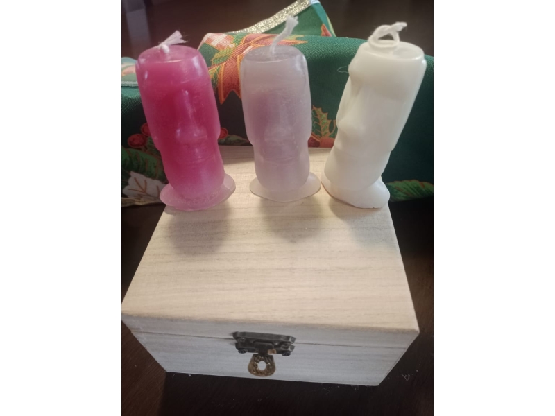 Pack 3 velas Moai Isla de Pascua en cajita de Madera