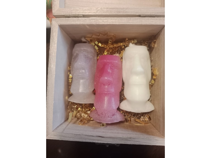 Pack 3 velas Moai Isla de Pascua en cajita de Madera